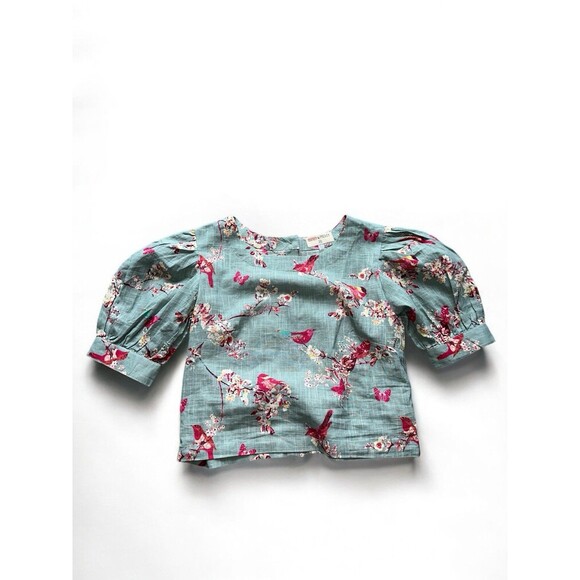 Bombay Paisley XS Linen Crop Top Bird Print Puff Sleeve Blouse Fairy Garden - Picture 15 of 16